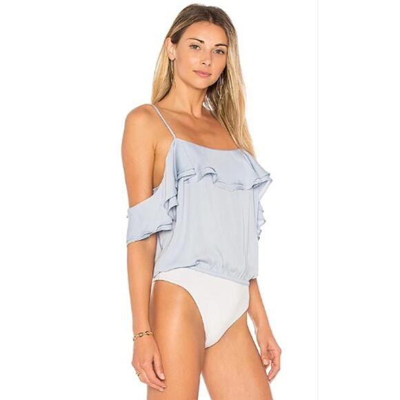 Revolve L'Academie Off the Shoulder Bodysuit Blue Ruffle Monaco S - Picture 2 of 9